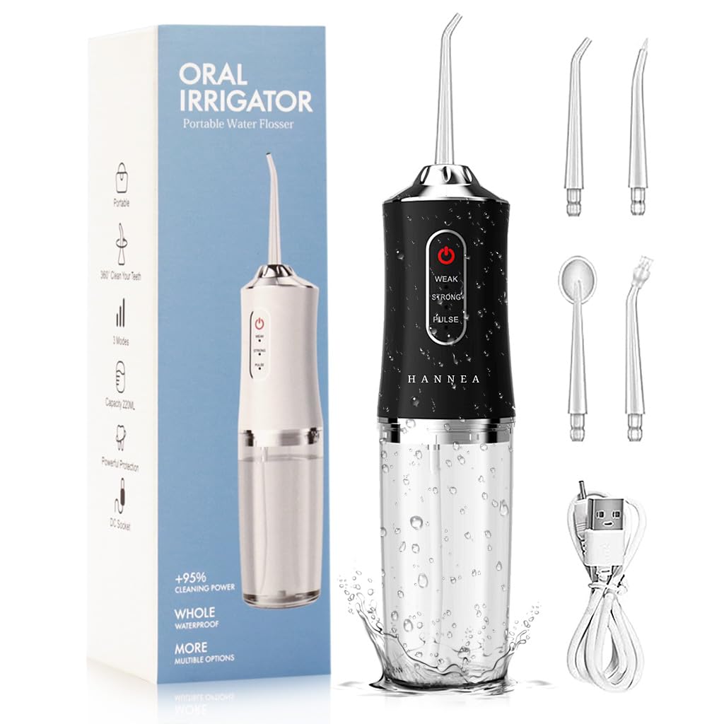 HANNEA Professional Cordless Dental Flosser, Portable Oral Irrigator for Teeth, 3 Modes Rechargeable & IPX7 Waterproof Teeth Cleaner with 220ml Detachable Water Tank for Home Travel, Black HANNEA Professional Cordless Dental Flosser, Portable Oral Irrigator for Teeth, 3 Modes Rechargeable & IPX7 Waterproof Teeth Cleaner with 220ml Detachable Water Tank for Home Travel, Black